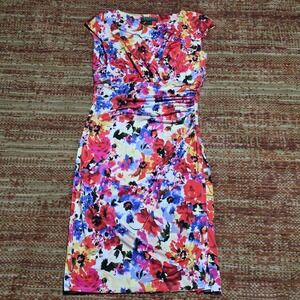 Lauren Ralph Lauren Floral V Neck Ruched Sheath Dress Womens Sz 4 Wrinkle Free